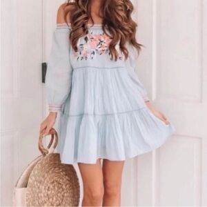 Free People Sunbeams A line Dress Womens Blue Off the Shoulder Boho Festival XS